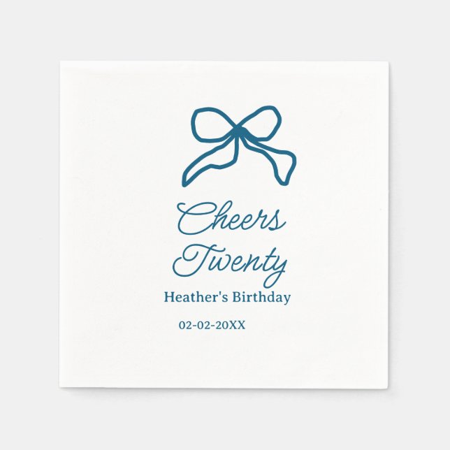 Cheers twenty blue birthday bow name date boho ret napkin (Front)