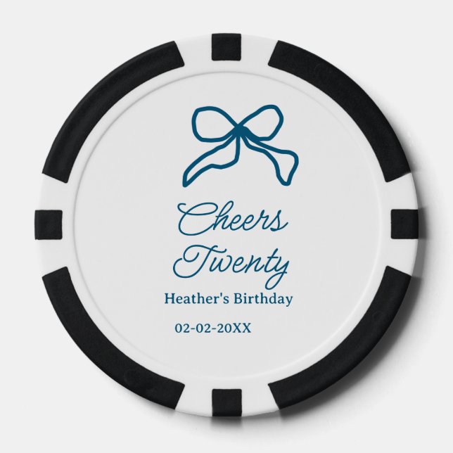 Cheers twenty blue birthday bow name date boho ret poker chips (Front)