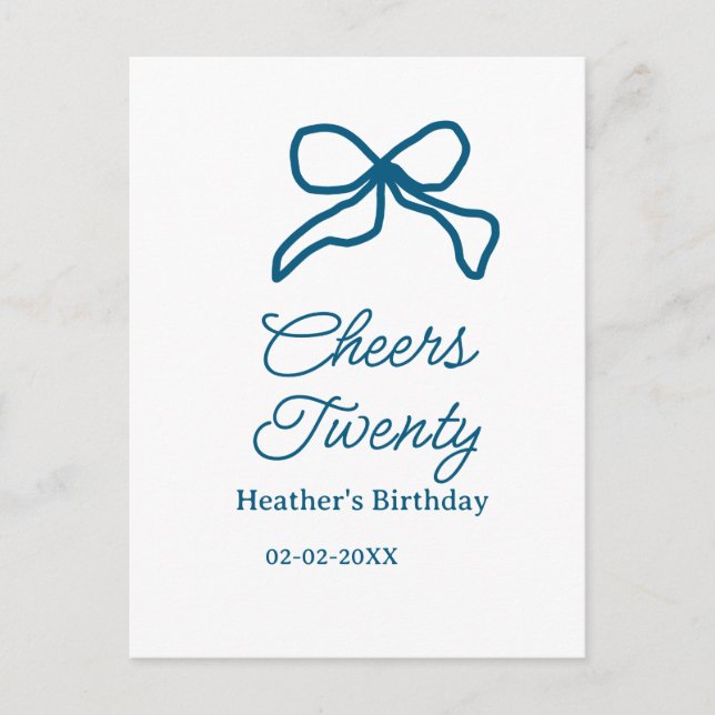 Cheers twenty blue birthday bow name date boho ret postcard (Front)