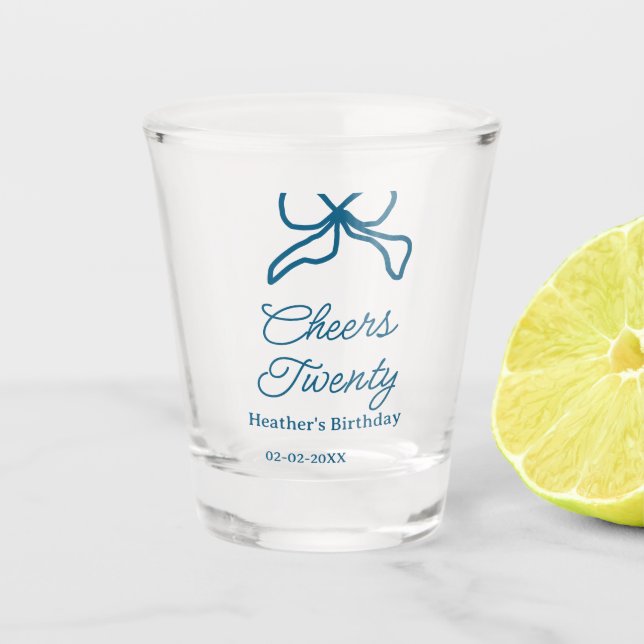 Cheers twenty blue birthday bow name date boho ret shot glass (Front)
