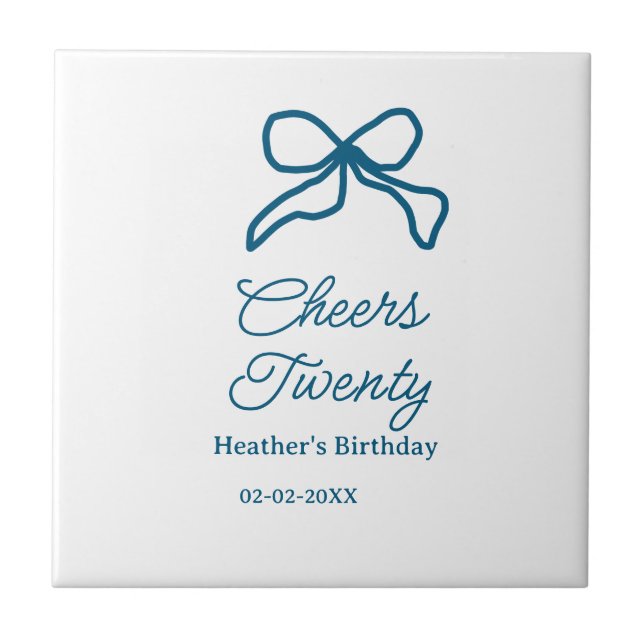 Cheers twenty blue birthday bow name date boho ret tile (Front)