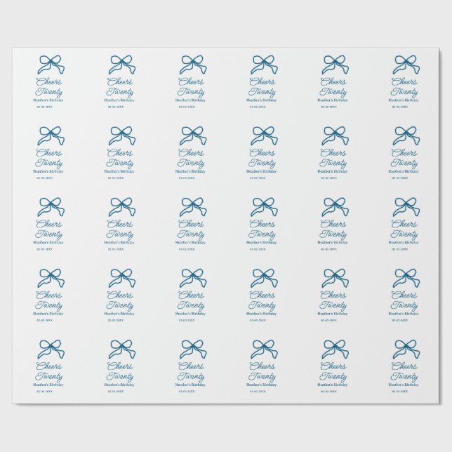 Cheers twenty blue birthday bow name date boho ret wrapping paper (Flat)