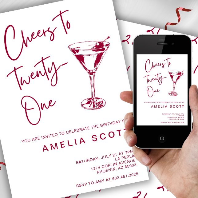 Cheers Twenty One Cherry Red Martini 21st Birthday Invitation (Creator Uploaded)