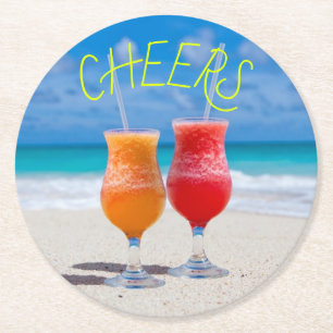 Cheers Two Drinks Beach Cocktails in Paradise Round Paper Coaster