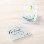 Cheers | Vintage Calligraphy Personalised Wedding Glass Coaster<br><div class="desc">Simple and elegant coasters featuring "Cheers" text in a vintage-style calligraphy script. Customise with couple's initials and wedding date. Elegant party décor for a wedding,  reception,  engagement party,  elopement celebration,  rehearsal dinner,  or an anniversary party.</div>