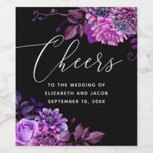 Cheers. Watercolor black purple floral wedding Wine Label