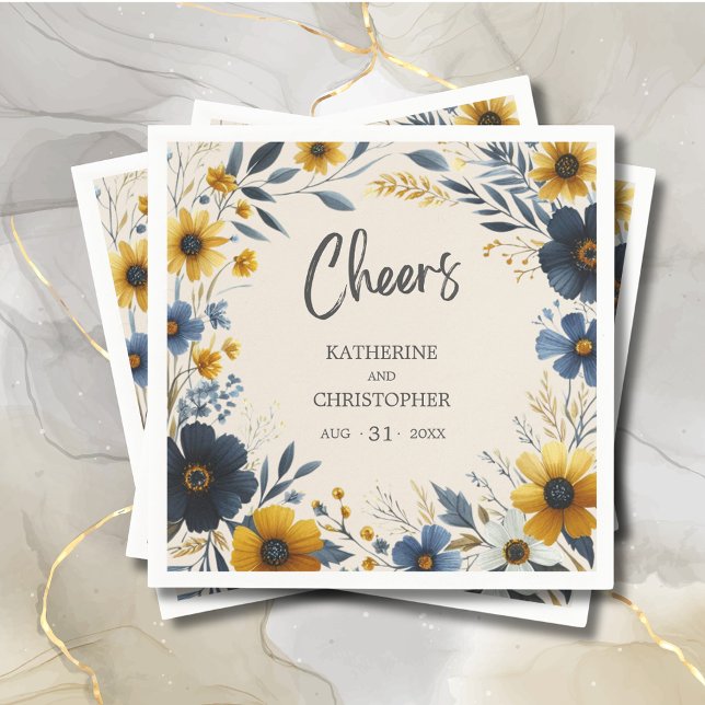 Cheers Watercolor Wildflower Elegant Beige Wedding Napkin (Cheers Wildflowers Wedding Napkin with Blue and Yellow Wildflowers, Wedding Details.)