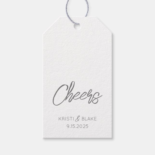 CHEERS Wedding DATE Couple NAMES Modern Minimalist Gift Tags (Front)