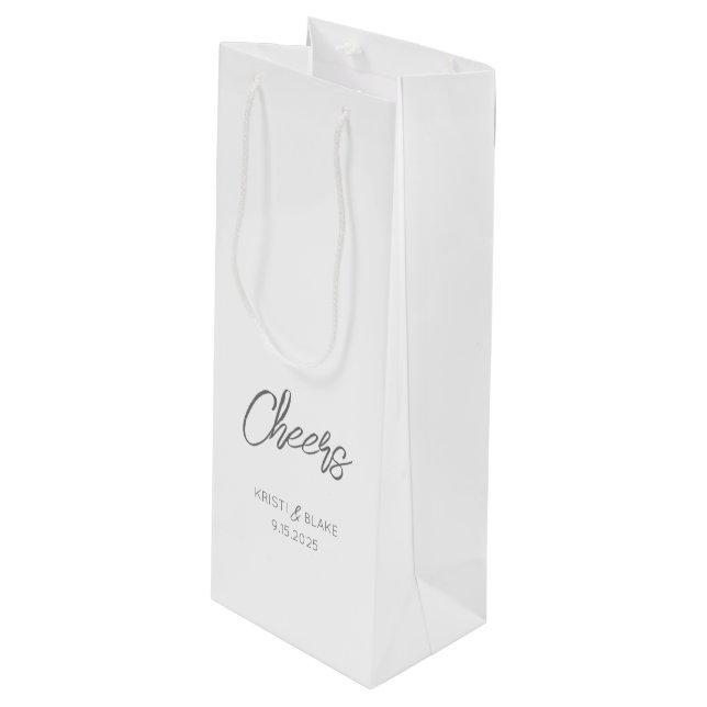 CHEERS Wedding DATE Couple NAMES Modern Minimalist Wine Gift Bag (Front Angled)
