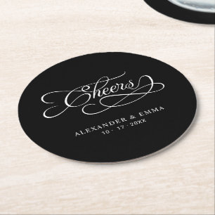 Cheers Wedding Elegant Calligraphy Black Round Paper Coaster