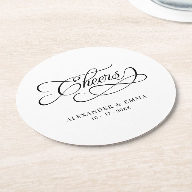 Cheers Wedding Elegant Calligraphy Black & White Round Paper Coaster (Angled)