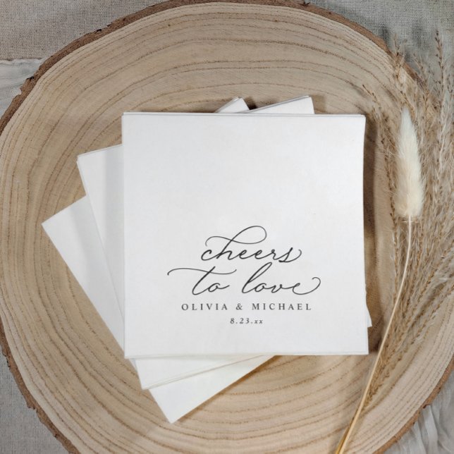 Cheers Wedding Napkins Elegant Black and White (Elegant black and white wedding napkins with “cheers to love” calligraphy, modern reception décor.)
