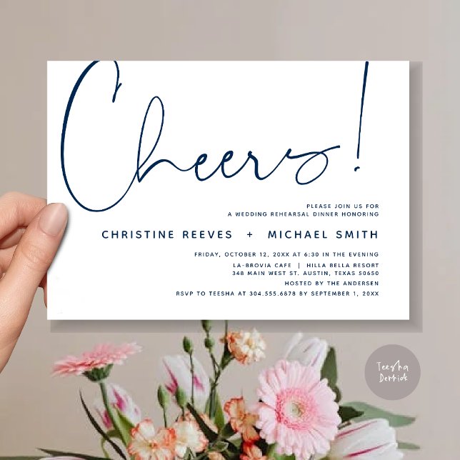 Cheers, Wedding Rehearsal Dinner Invitation (Cheers, Wedding Rehearsal Dinner Invitation Card, PDF, Modern Minimalist, in Navy Blue)