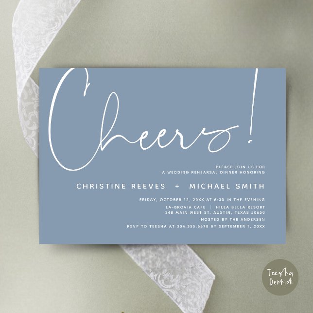 Cheers, Wedding Rehearsal Dinner Invitation (Cheers, Wedding Rehearsal Dinner Invitation Card, PDF, Modern Minimalist, in Dusty Blue)