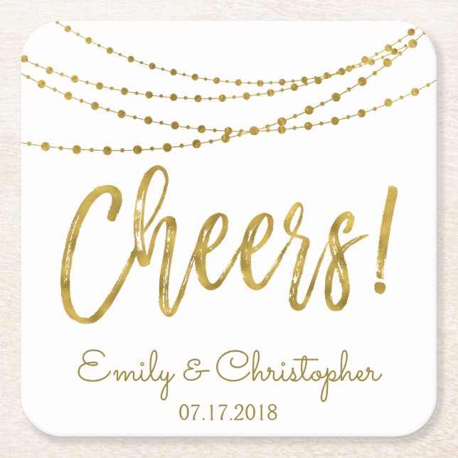 Cheers White and Gold Foil String Lights Square Paper Coaster (Front)