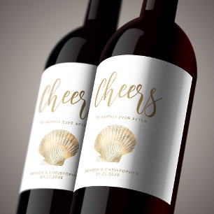 Cheers White Gold Coastal Beach Wedding Wine Label