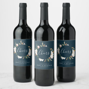 CHEERS   white magnolia floral navy blue Wine Label