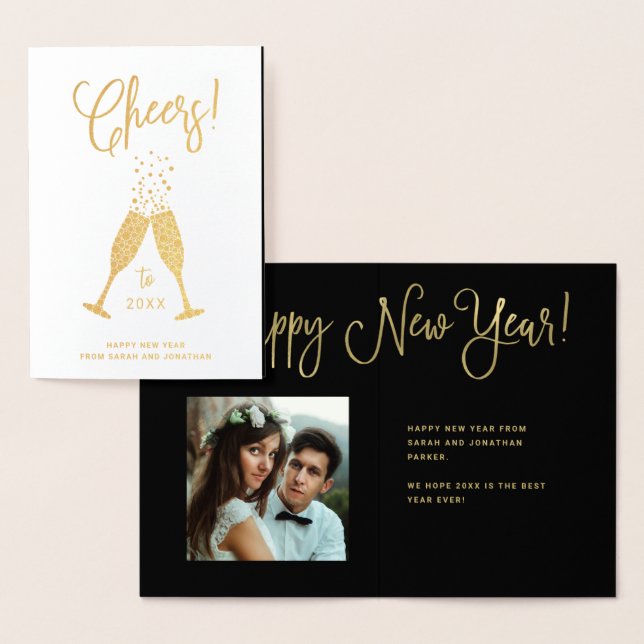Cheers with Champagne Glasses and Photo | Gold Foil Card (Display)