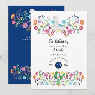 Cheery 5th Birthday Girl FIESTA LLAMA Folk Flowers Invitation