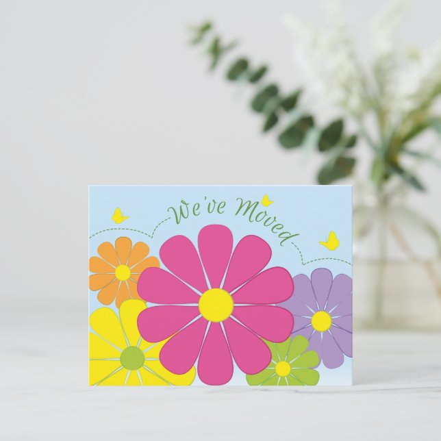 Cheery Colourful Flowers We've Moved Photo Postcar Postcard (Standing Front)