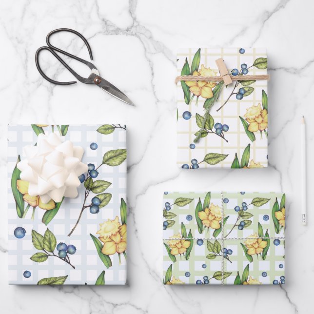 Cheery Daffodil Flower and Blueberries  Wrapping Paper Sheet (Front)