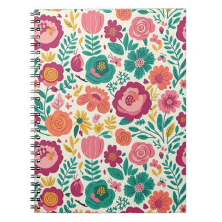 Cheery Folk Art Garden - Vibrant Pink & Teal Notebook