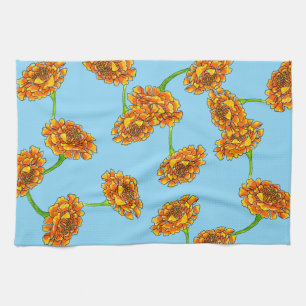 Cheery Orange Marigolds on Sky Blue Botanical Tea Towel