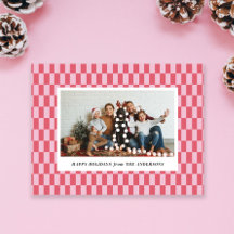 Cheery Pink Red Checkers Holiday Christmas Card