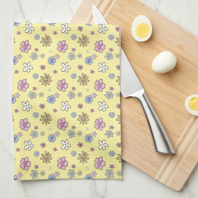 Cheery Whimsical Floral Yellow Spring Tea Towel (Quarter Fold)