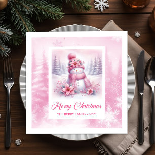 Cheery Winter Forest Pink Snowman Christmas Napkin