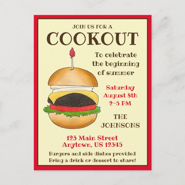 Cheese Burger Cheeseburger BBQ Barbecue Cookout  Invitation Postcard (Front)