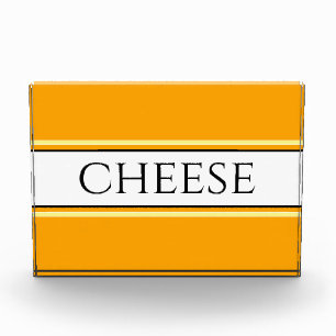 CHEESE Fun Bright Golden Yellow White Stripes Photo Block