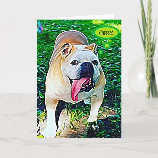Cheese happy bulldog pet portrait note card (Front)