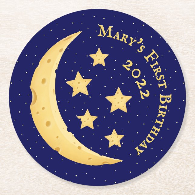 Cheese Moon and Stars Personalised Round Paper Coaster (Front)