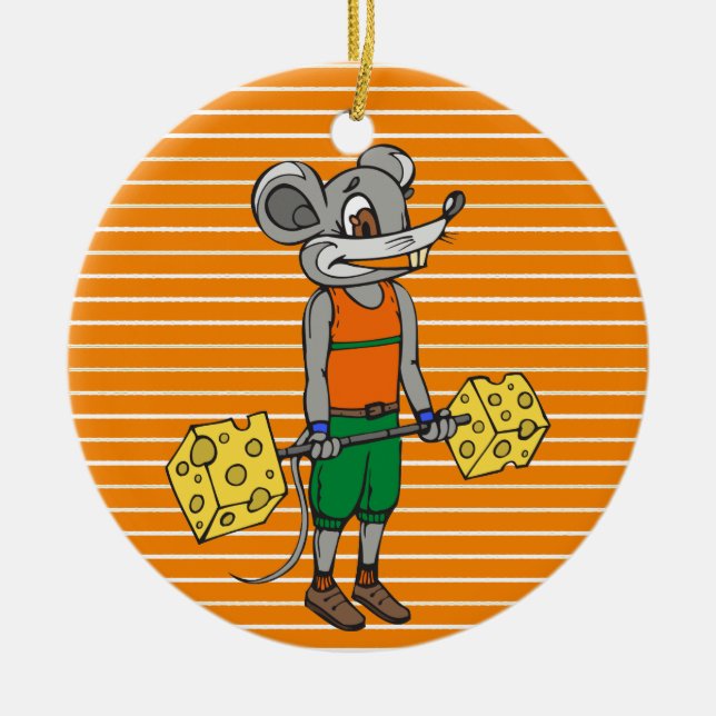Cheese Weightlifting Mouse Ceramic Tree Decoration (Front)