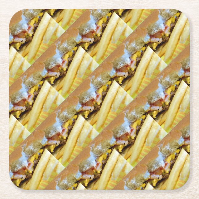 Cheeseburger and Fries Square Paper Coaster (Front)