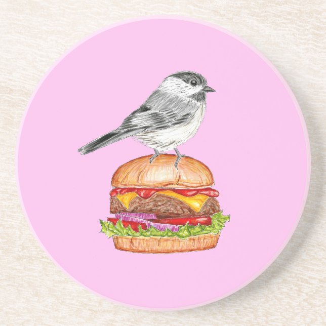 Cheeseburger Bird Black Capped Chickadee Pink Coaster (Front)