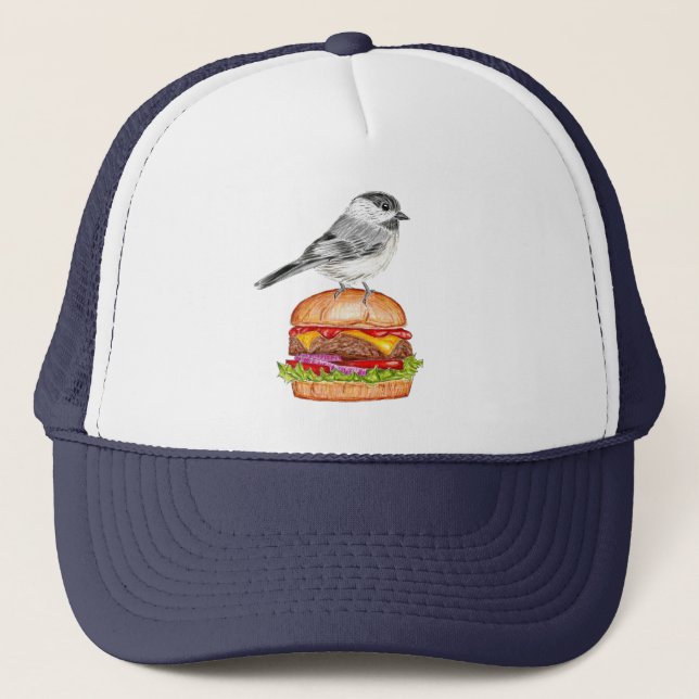 Cheeseburger Bird Lake Tahoe Chickadee Trucker Hat (Front)