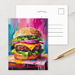 Cheeseburger Colourful Modern Abstract Art Postcard<br><div class="desc">A fun and playful modern art painting of a giant loaded cheeseburger. The artwork is brought to life with textured, abstract brushstrokes in vibrant colours like pink, blue, and yellow. The bold use of colour and exaggerated scale give the cheeseburger an energetic, whimsical feel. This lively, imaginative piece blends pop...</div>