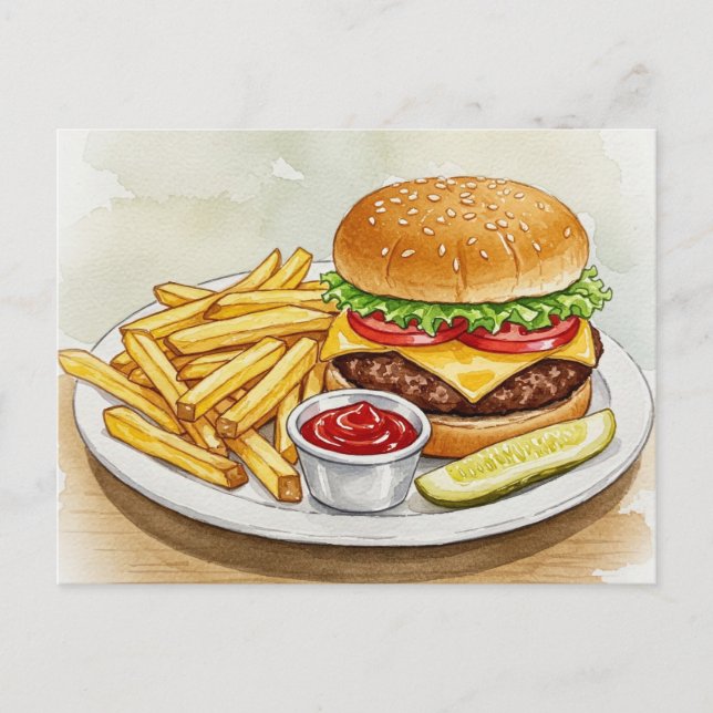 Cheeseburger French Fries Pickles Postcard (Front)