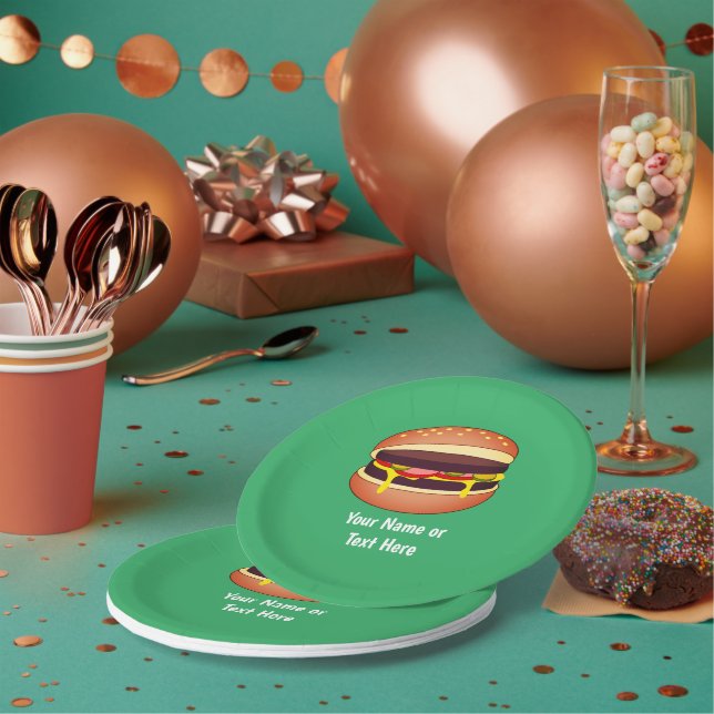 Cheeseburger Graphic on Green - Add Own Words Paper Plate (Multi)