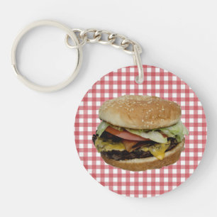 Cheeseburger, Red and White Chequered Background K Key Ring