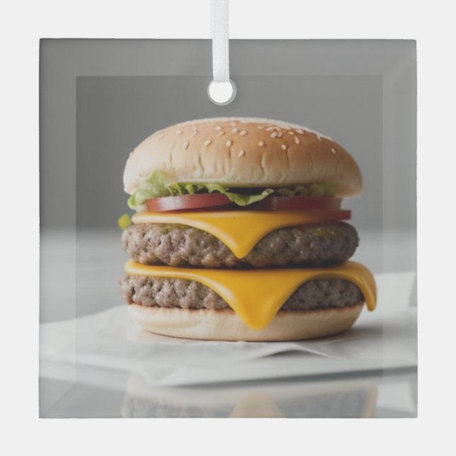 Cheeseburger with a Grey Background Glass Tree Decoration (Front)