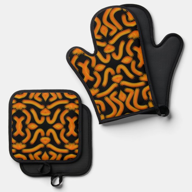 Cheesy Noodle Doodle Art Mirrored Image Pattern Oven Mitt & Pot Holder Set (Front/Back)