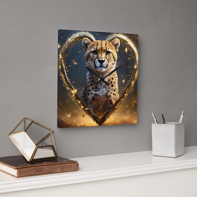 Cheetah: A Golden Love Heart Square Wall Clock (Office)