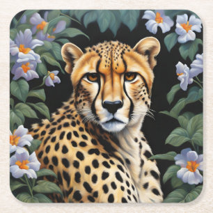 Cheetah and flowers square paper coaster