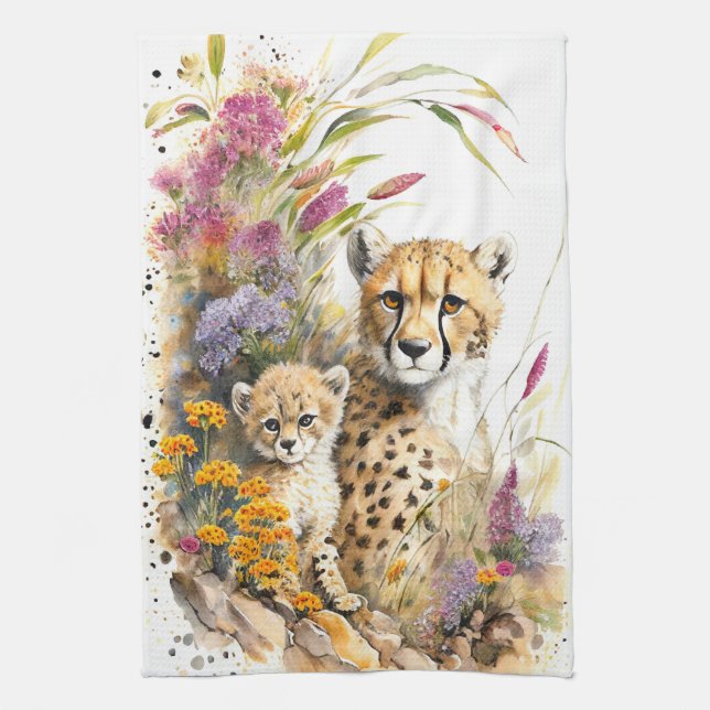 Cheetah Baby and Mum Tea Towel (Vertical)