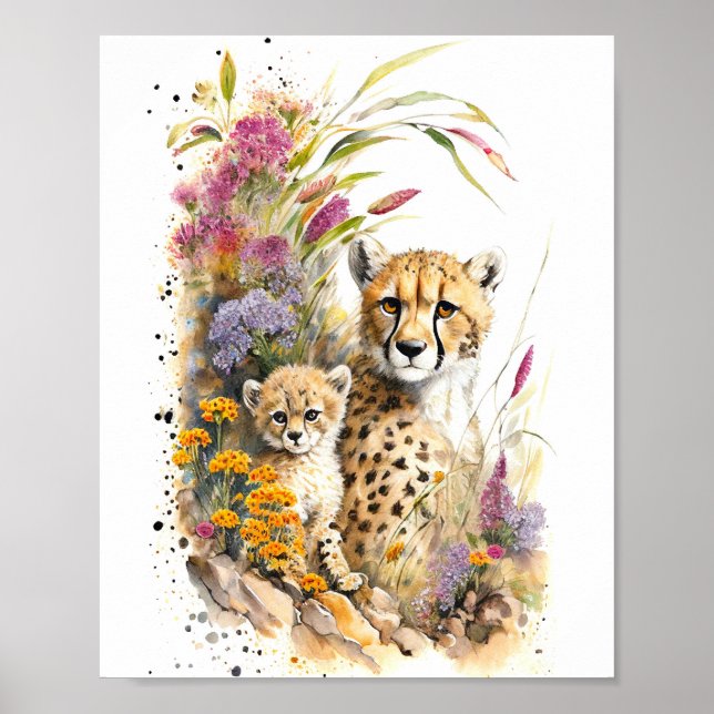 Cheetah Baby and Mum Watercolor Painting  Poster (Front)