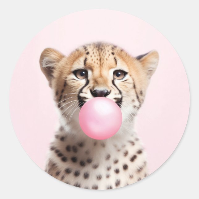 Cheetah Blowing Pink Bubble Gum Playful Classic Round Sticker (Front)