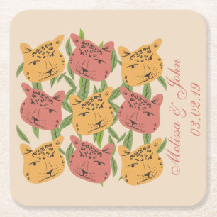 Cheetah Bridal Shower Jungle Plants   Square Paper Coaster